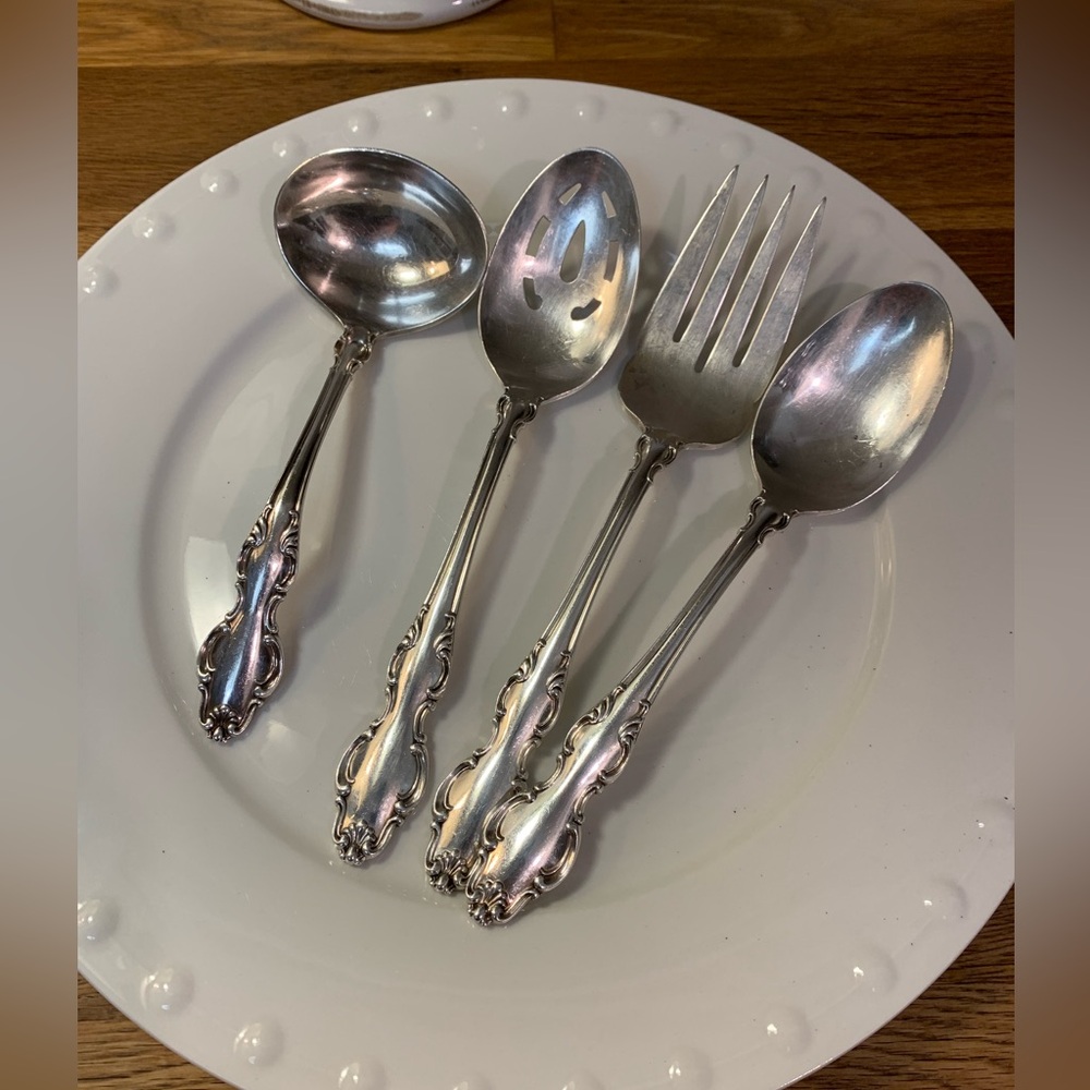 4 Silverplate serving ladle, fork, spoons - Reed & Barton. ‘English Crown’